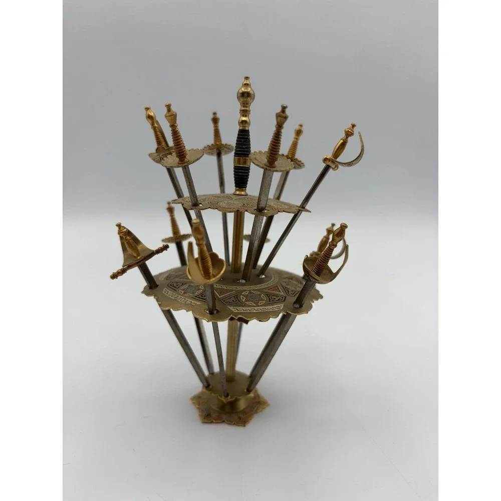 Vintage Toledo Spain Appetizer Swords Set of 12 Brass Cocktail Picks Stand